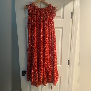 Red floral dress with high neck